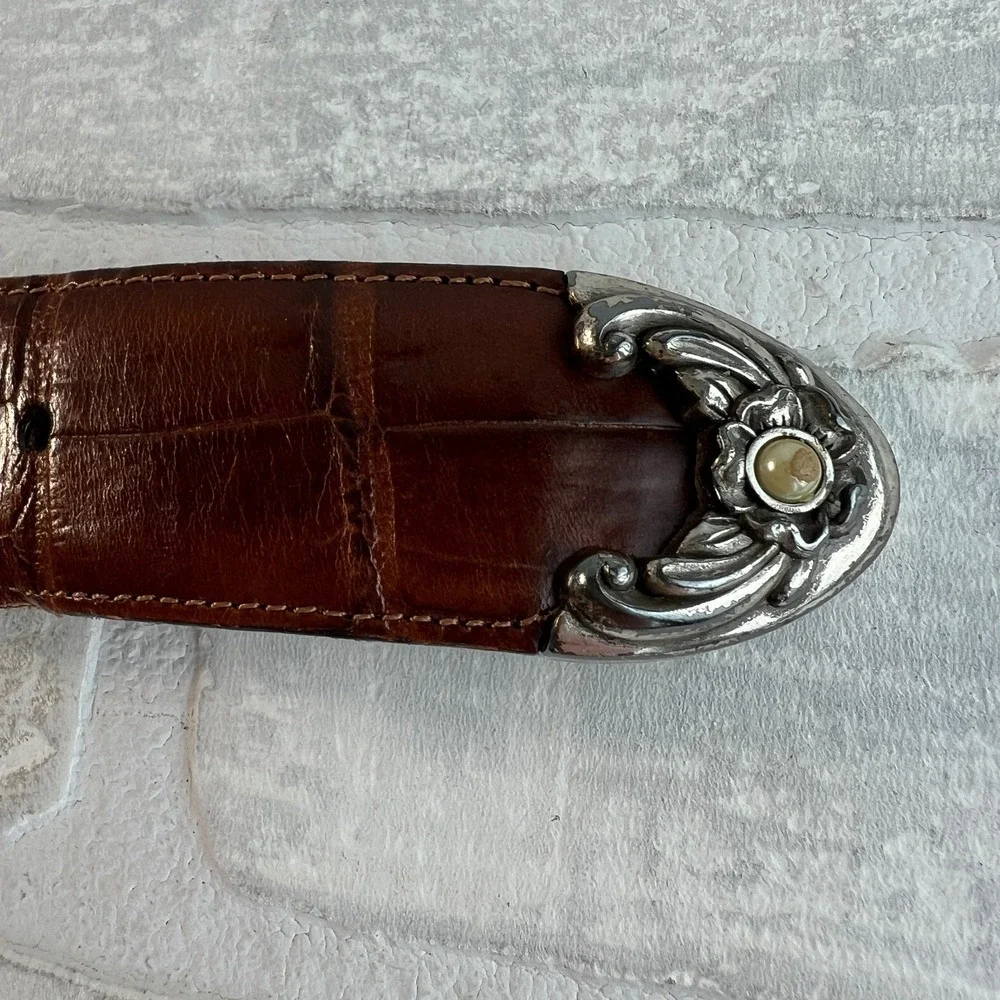 Brighton Belt Womens Medium Brown Croc Embossed Ornate Silver Buckle Pearls 1996